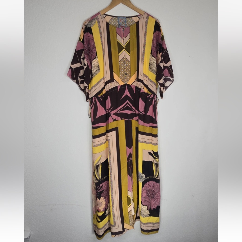 Johnny Was Echo Thalia Silk Dress Yellow Multi Color With Slip Size M Womens